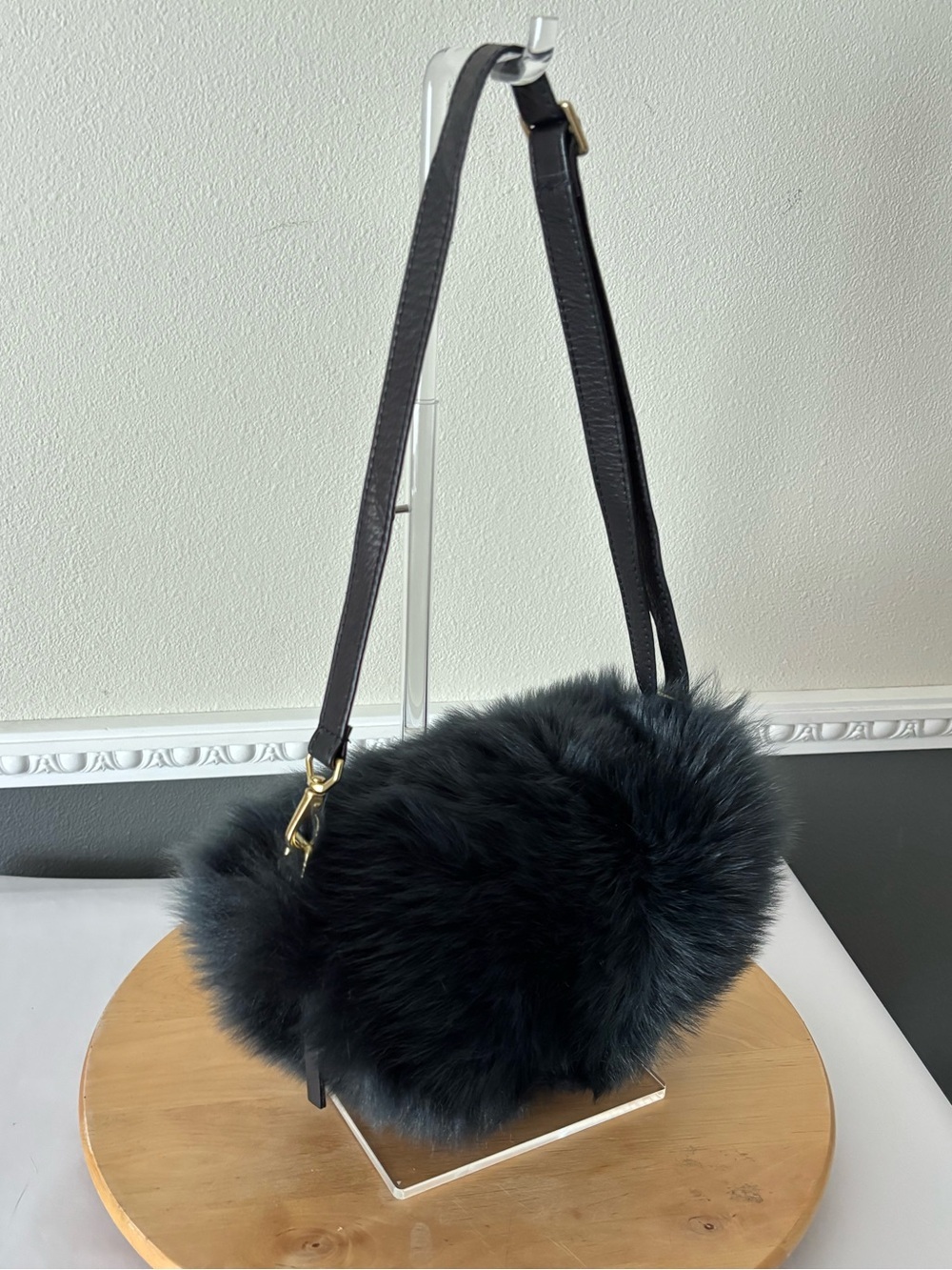 NEW PRIME CUT Black Sheep Fur Leather Zip-Top Belt Bag with Gold Hardware